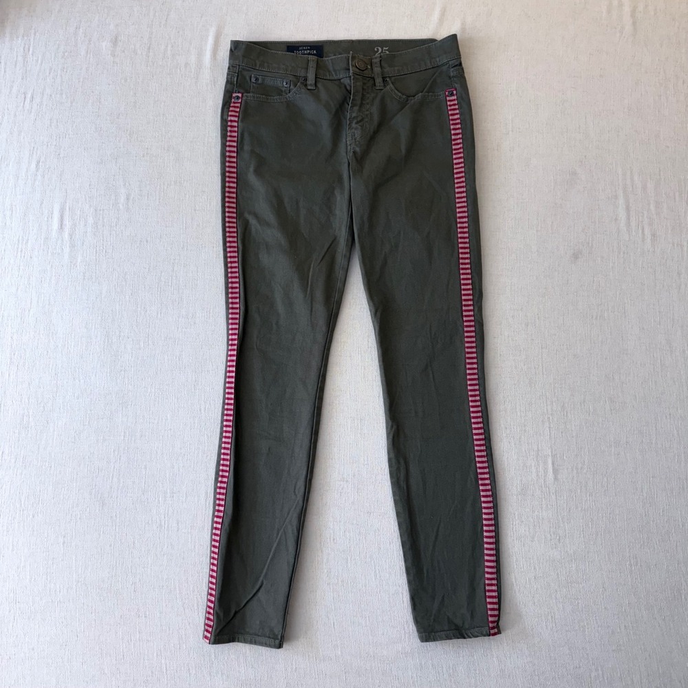 J Crew‎ Toothpick Ankle Pants 25 Olive Side Stripe Skinny Stretch
